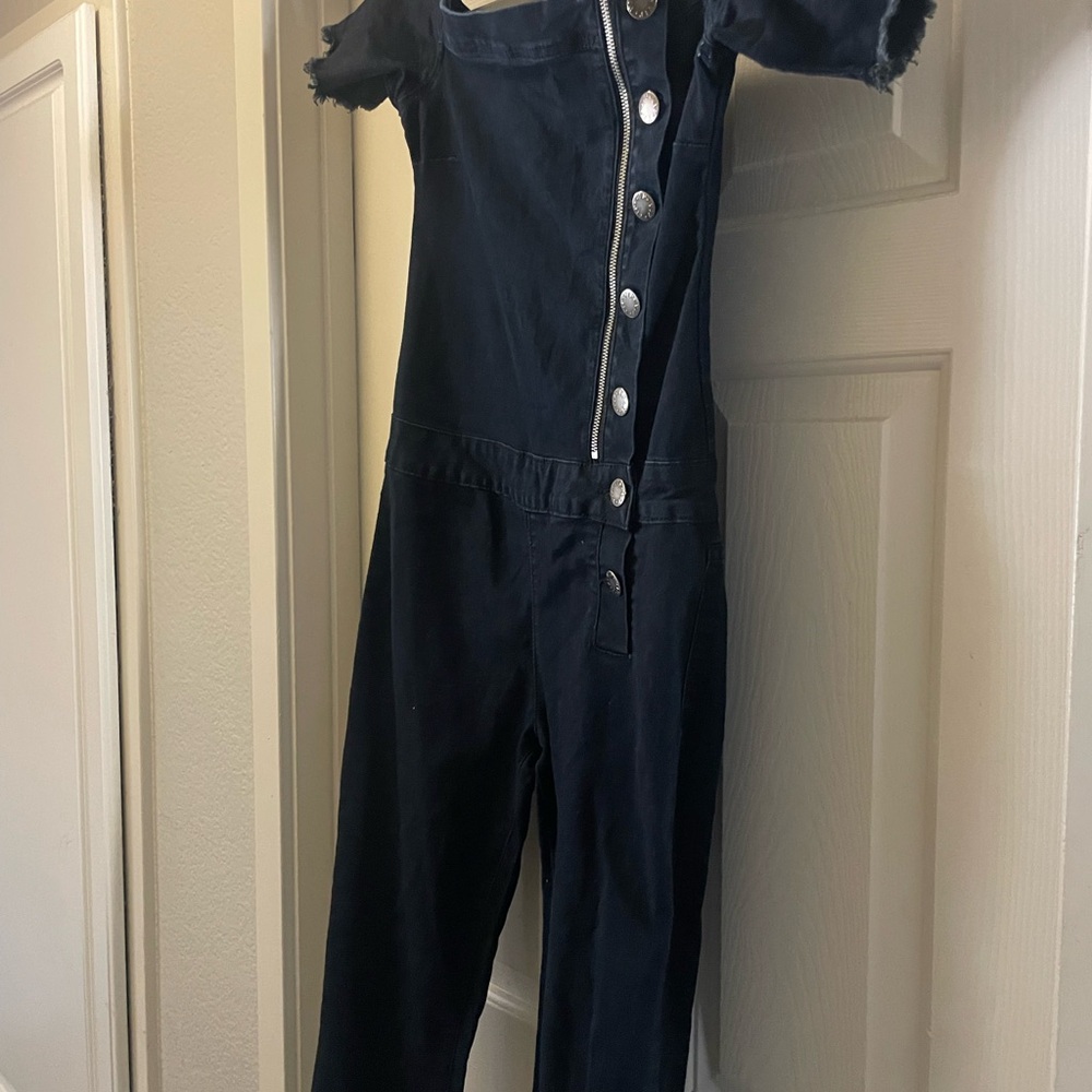 VIP Navy Denim Jumpsuit with Silver Button Accents size medium
